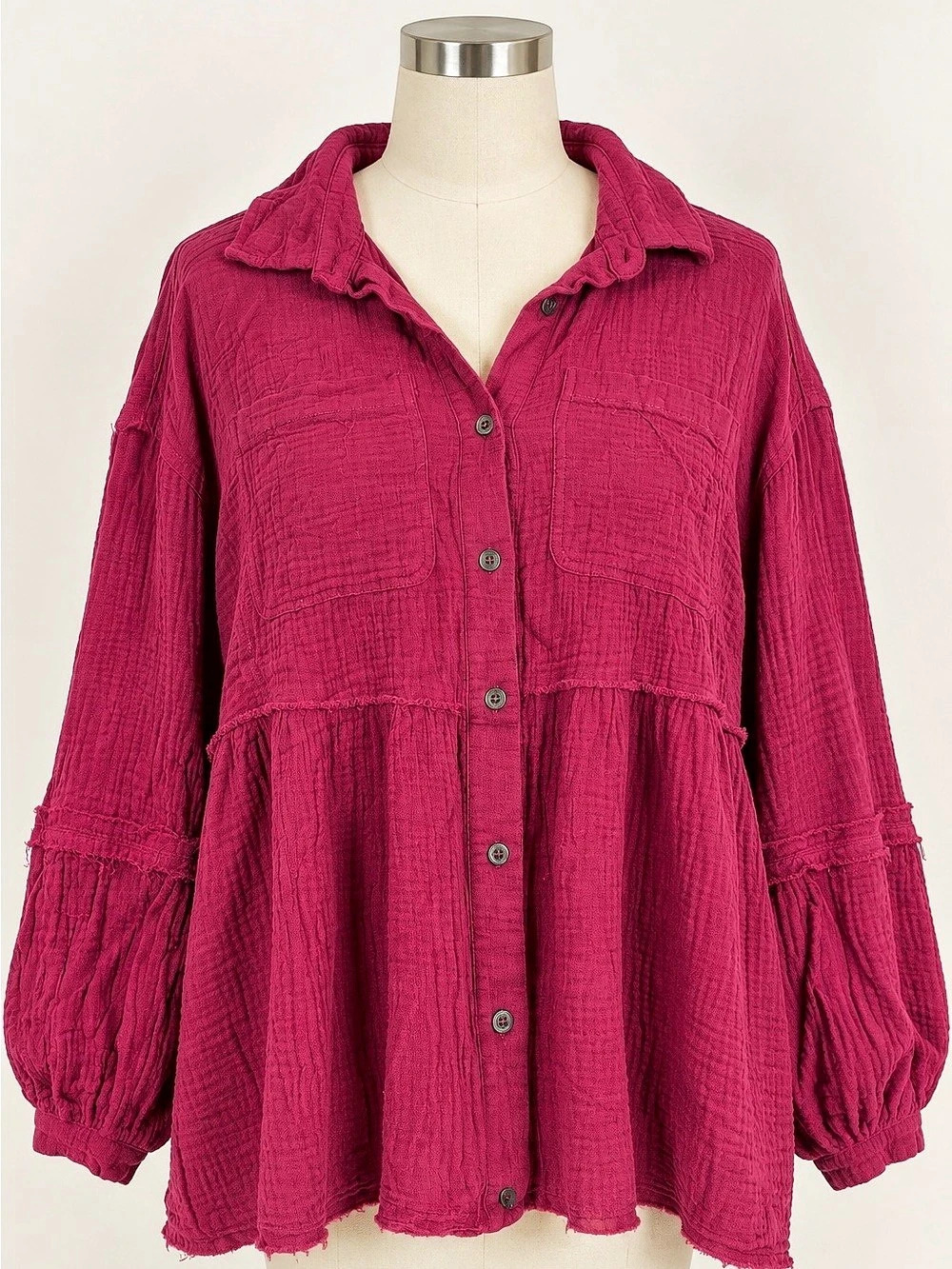 JODIFL Large Fuchsia Cotton Gauze Tiered Button Down Boho Oversized Top